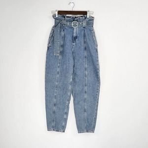 Zara Jeans Lagenlook Baggy Harem Denim Belted High-Rise 100% Cotton Size 00